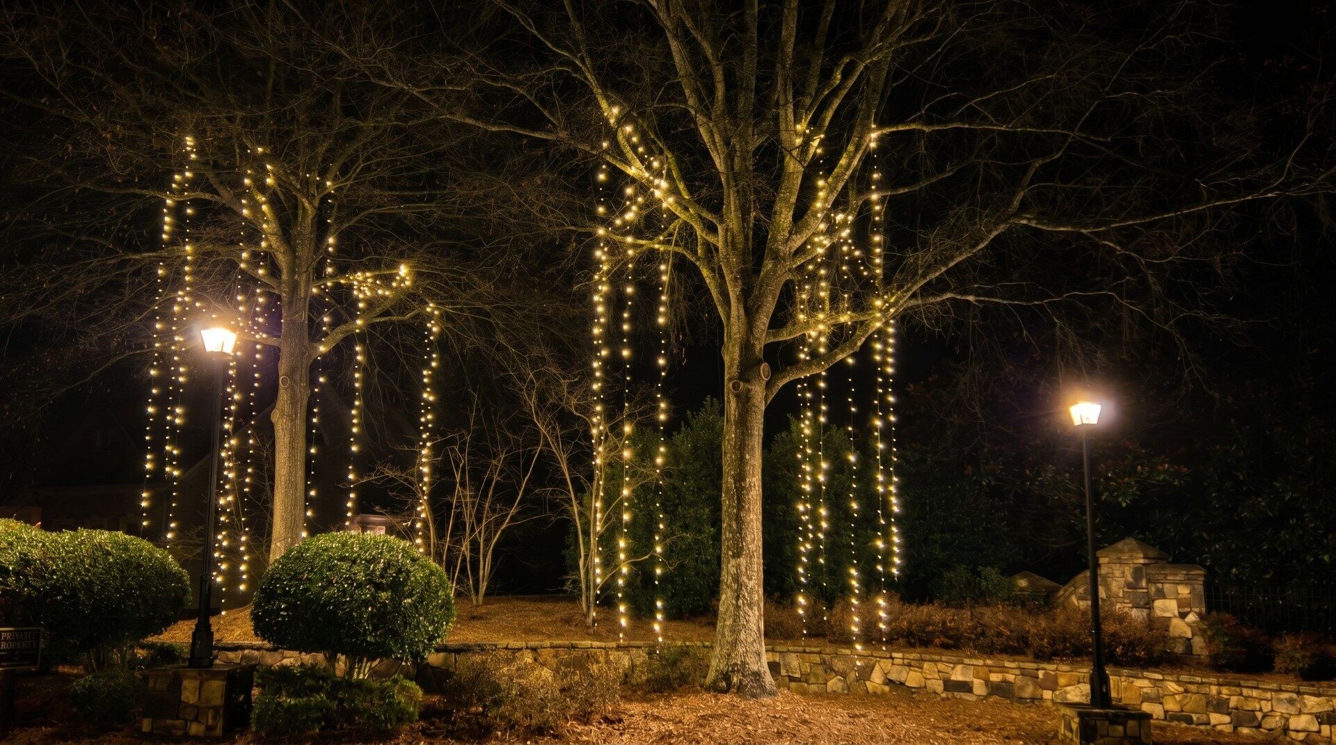 HOA neighborhood entrance with warm white tree wrap Christmas lighting in Atlanta GA