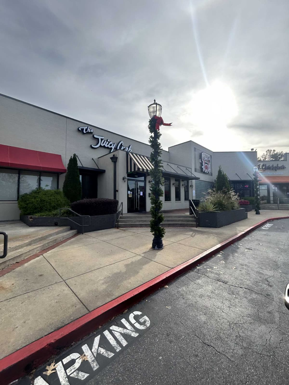 Commercial Christmas light installation at The Juicy Crab in Atlanta with festive garland on a lamppost