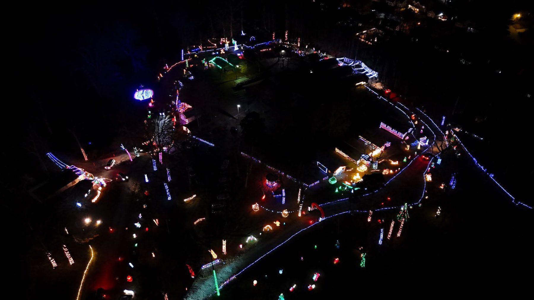 Aerial view of Lawrenceville Lights fundraiser at United Methodist Church campgrounds