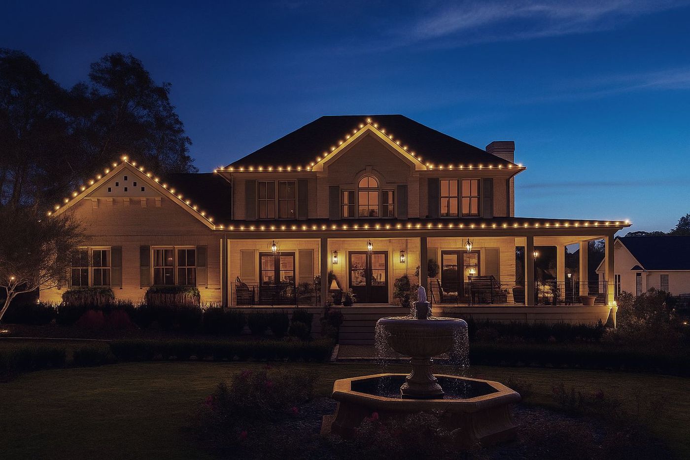 Reliable Christmas light installation on Atlanta farmhouse with warm glow