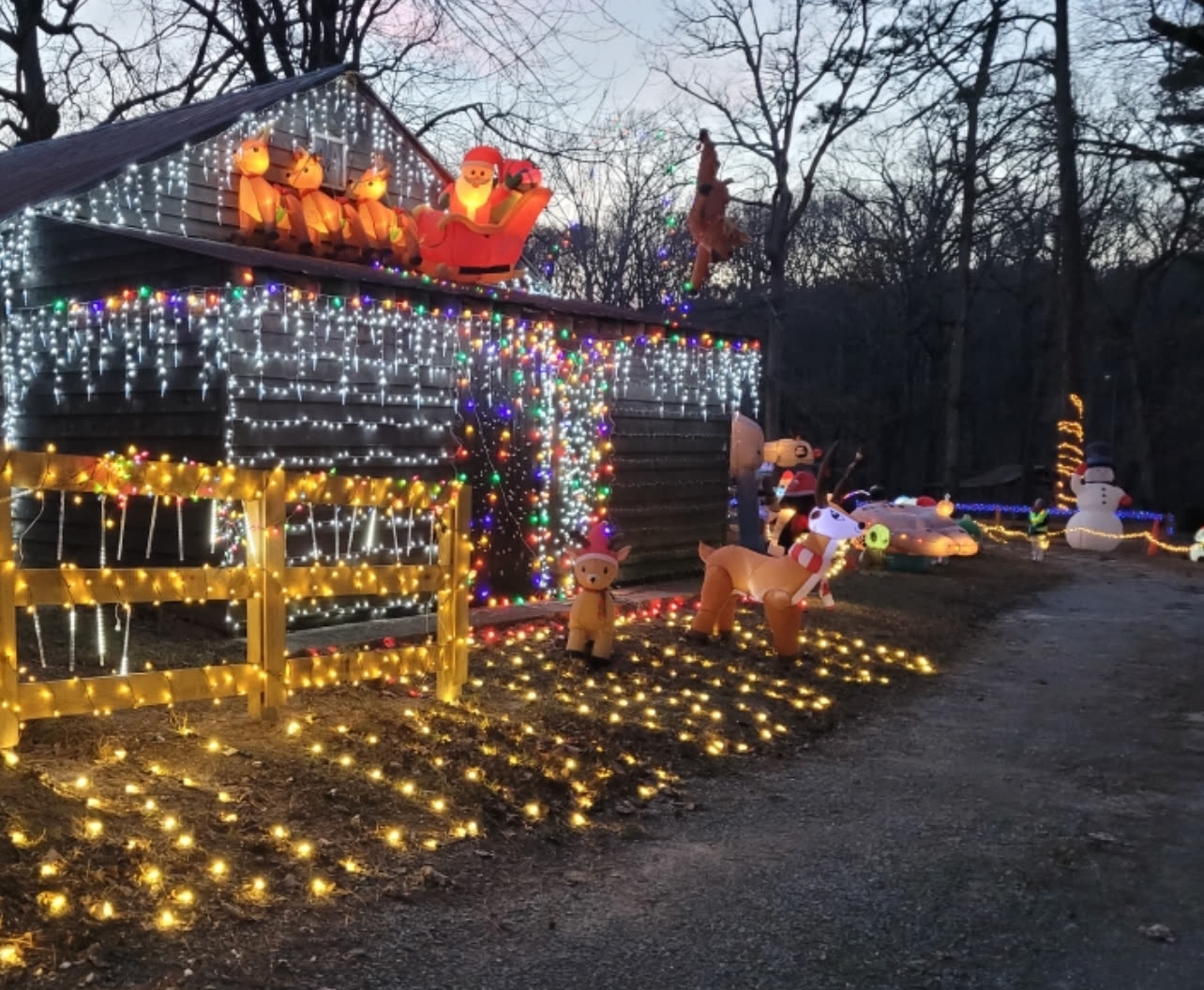 Dreamland-sponsored cabin display with Santa, reindeer, and lights at Lawrenceville Lights fundraiser
