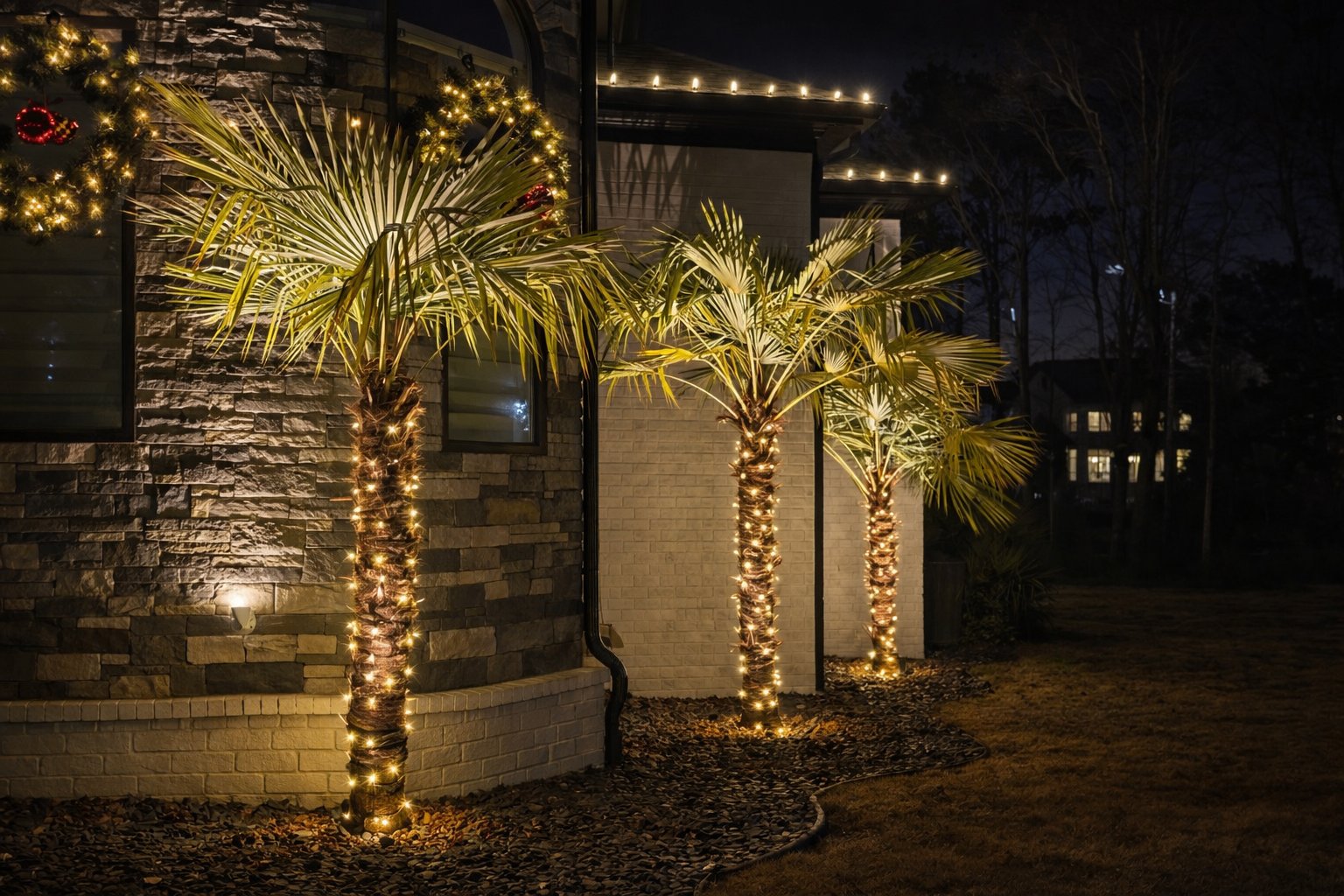 Palm trees wrapped in warm white Christmas lights on Atlanta area home