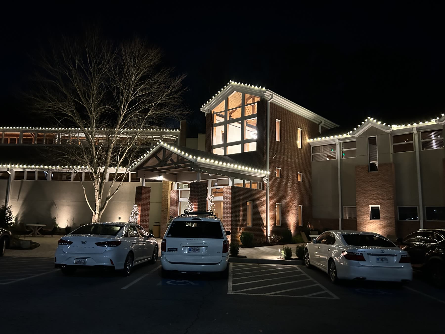 Church entrance Christmas light installation in Atlanta
