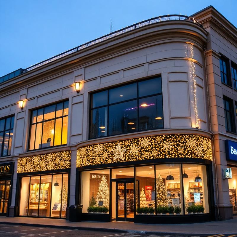 Commercial Christmas light installation on Atlanta business storefront