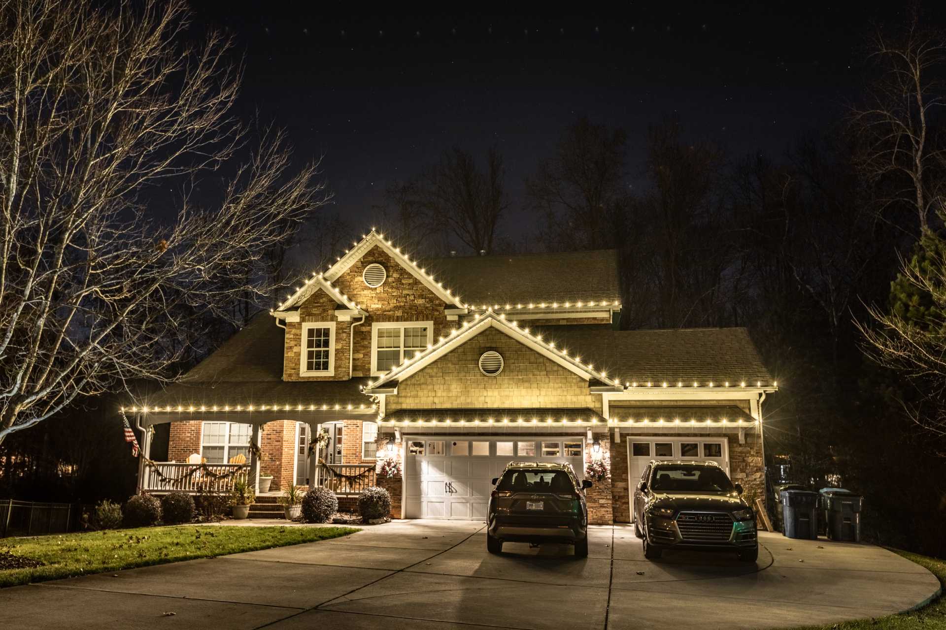 Driveway and pathway Christmas lights leading to Atlanta home