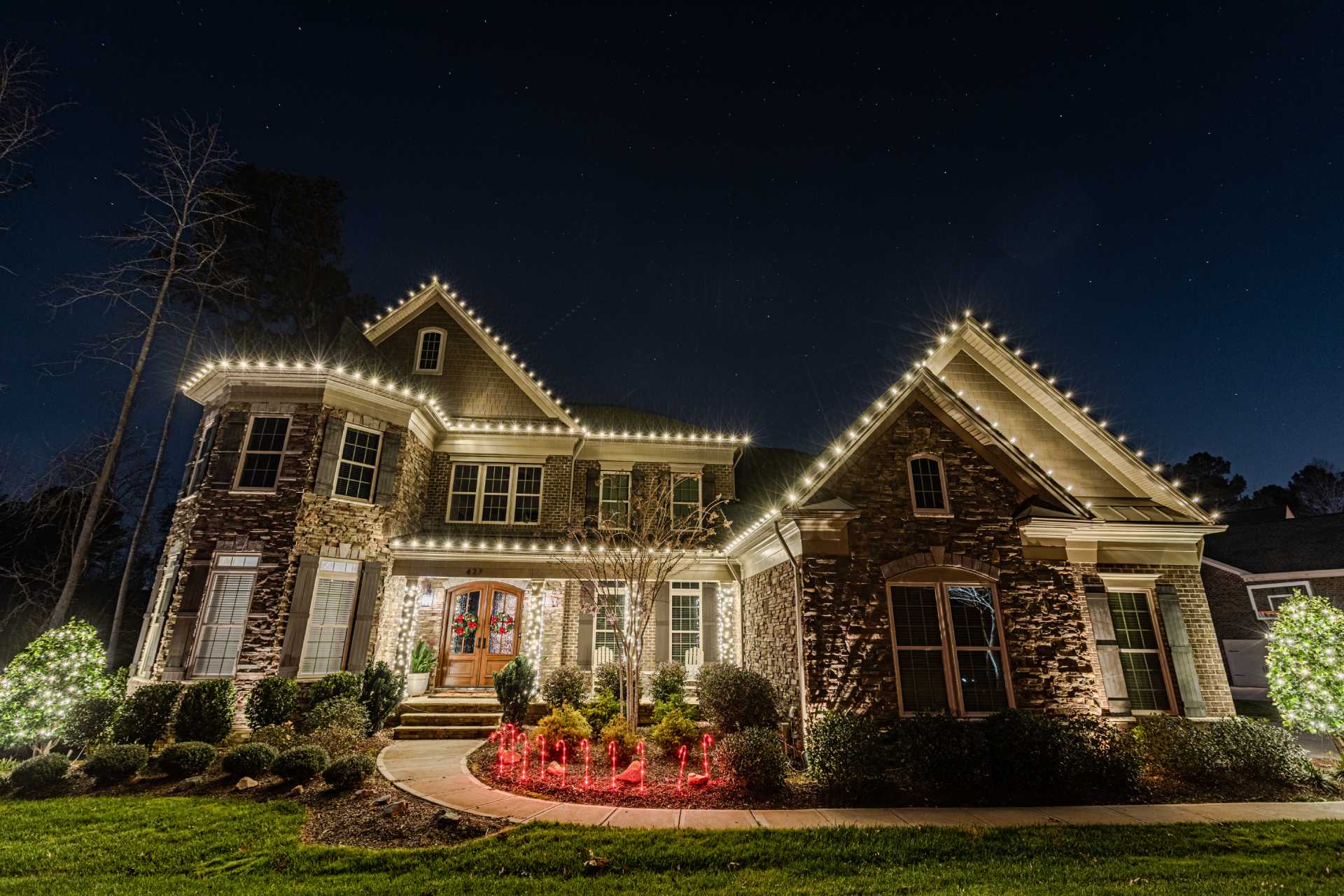 Professional roofline Christmas light installation on Atlanta home