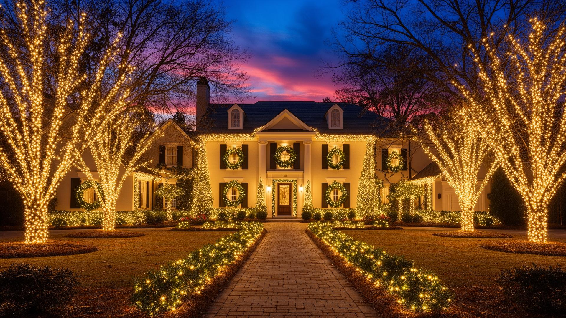 Professional Christmas light installation on an Atlanta home at twilight with warm white lights